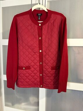 Jones New York Red Quilted Button-Front Puffer Cardigan